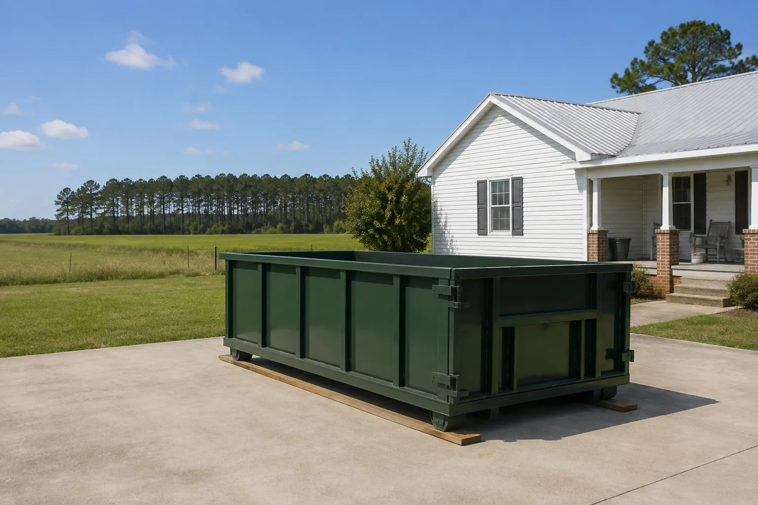 Green roll-off dumpster on a wide apron beside a rural home and open field