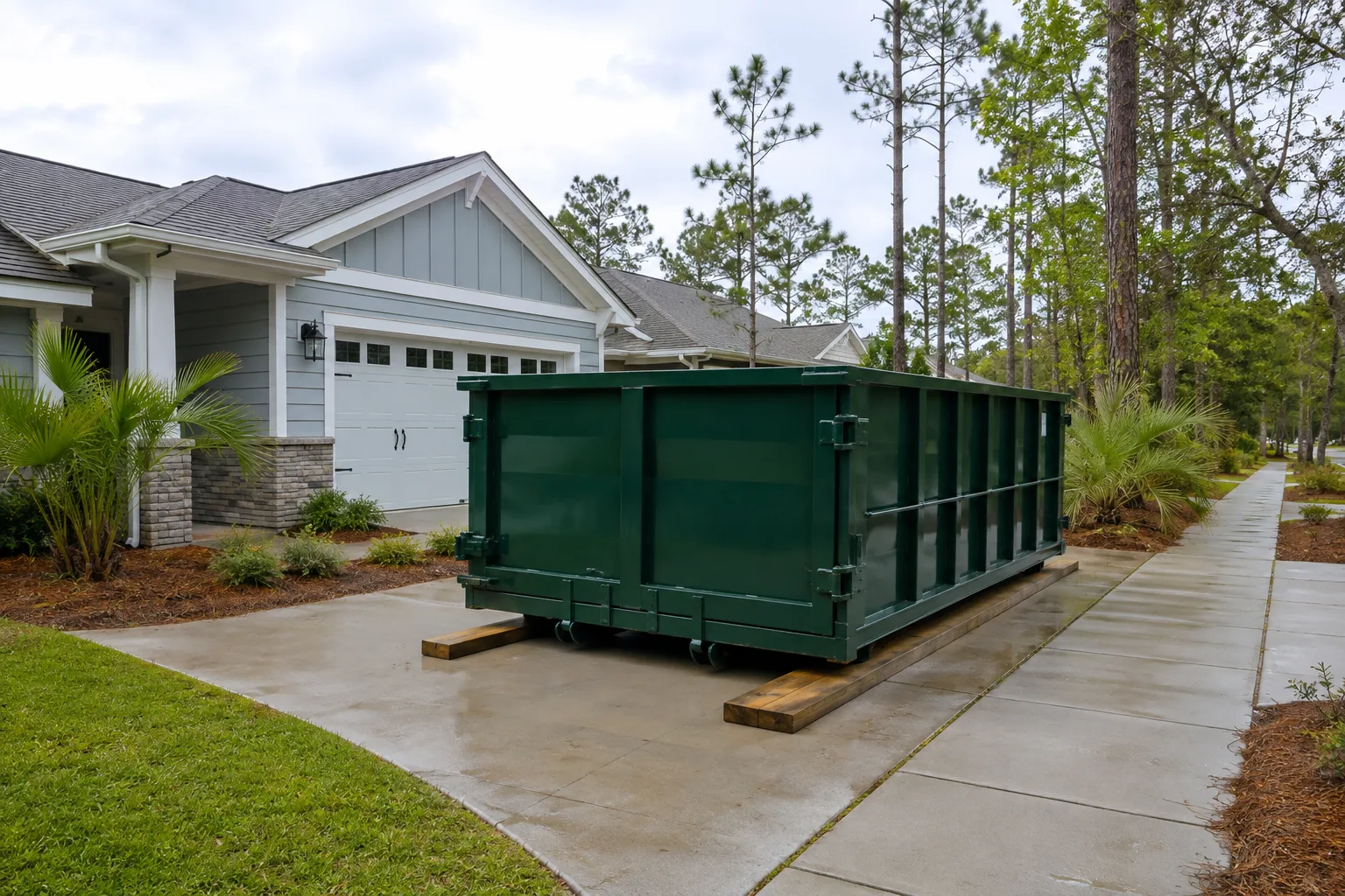 Green roll-off dumpster on a broad driveway beside a gray craftsman home