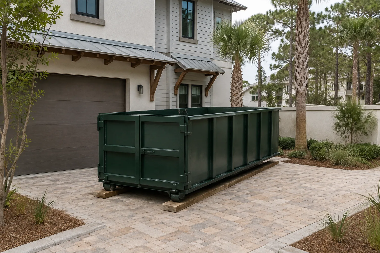Compact green roll-off dumpster on a paver drive beside a modern coastal home