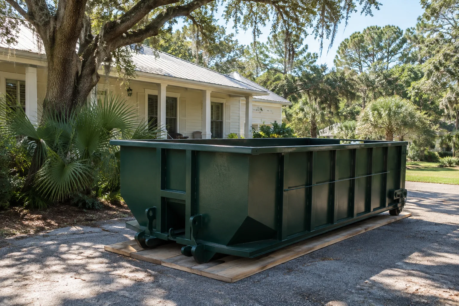 Green roll-off dumpster on protective boards beside a Gulf Coast bungalow