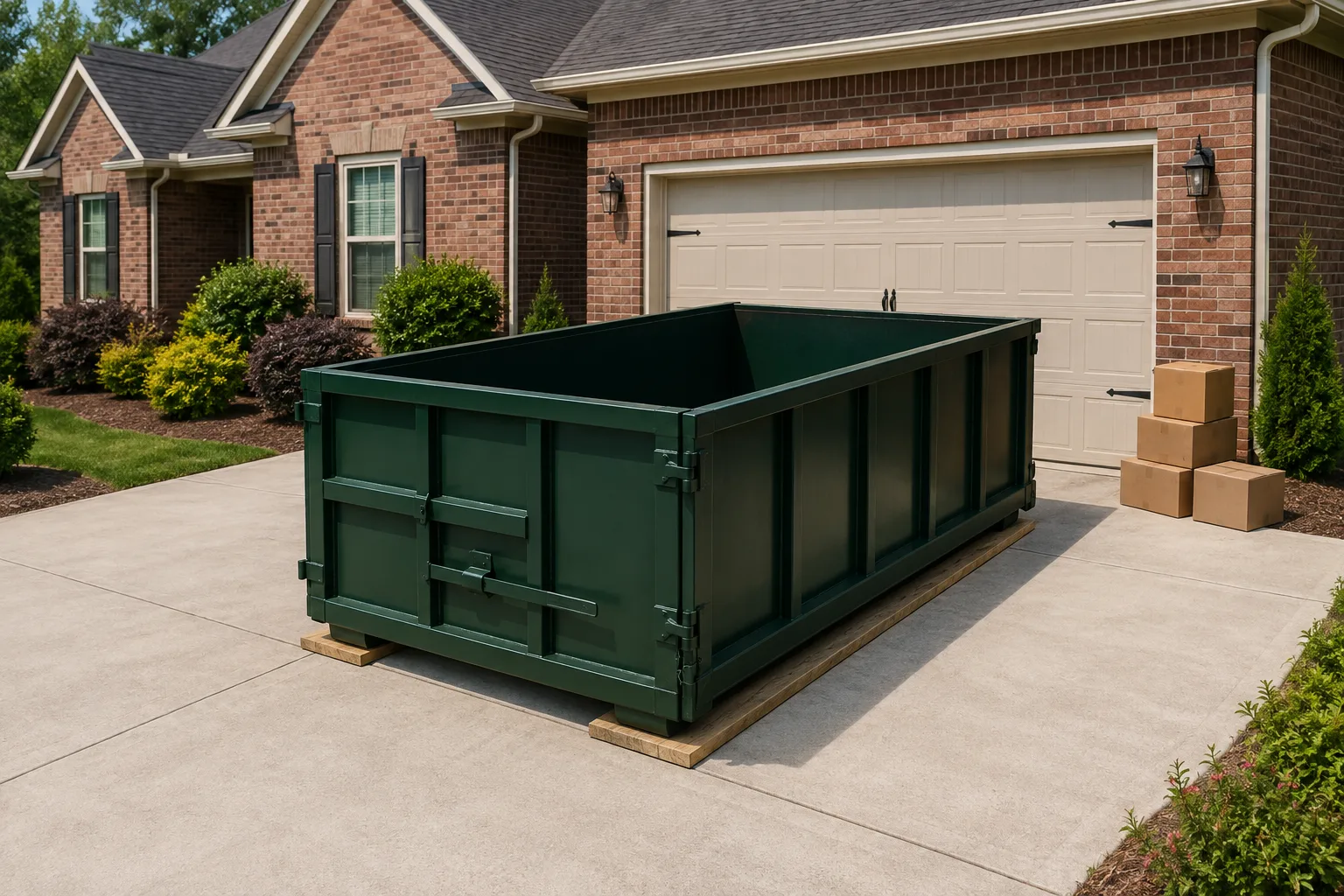 Green roll-off dumpster on a broad driveway beside a suburban brick home